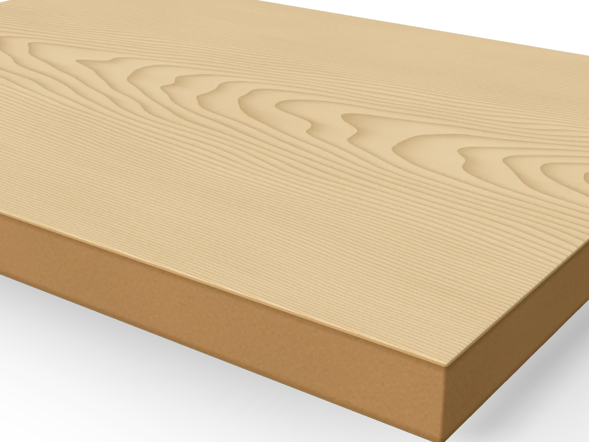 19mm Ash Veneered MDF 2 Sides Crown Cut A/B 2440 x 1220mm, pack of 24, close-up of the edge