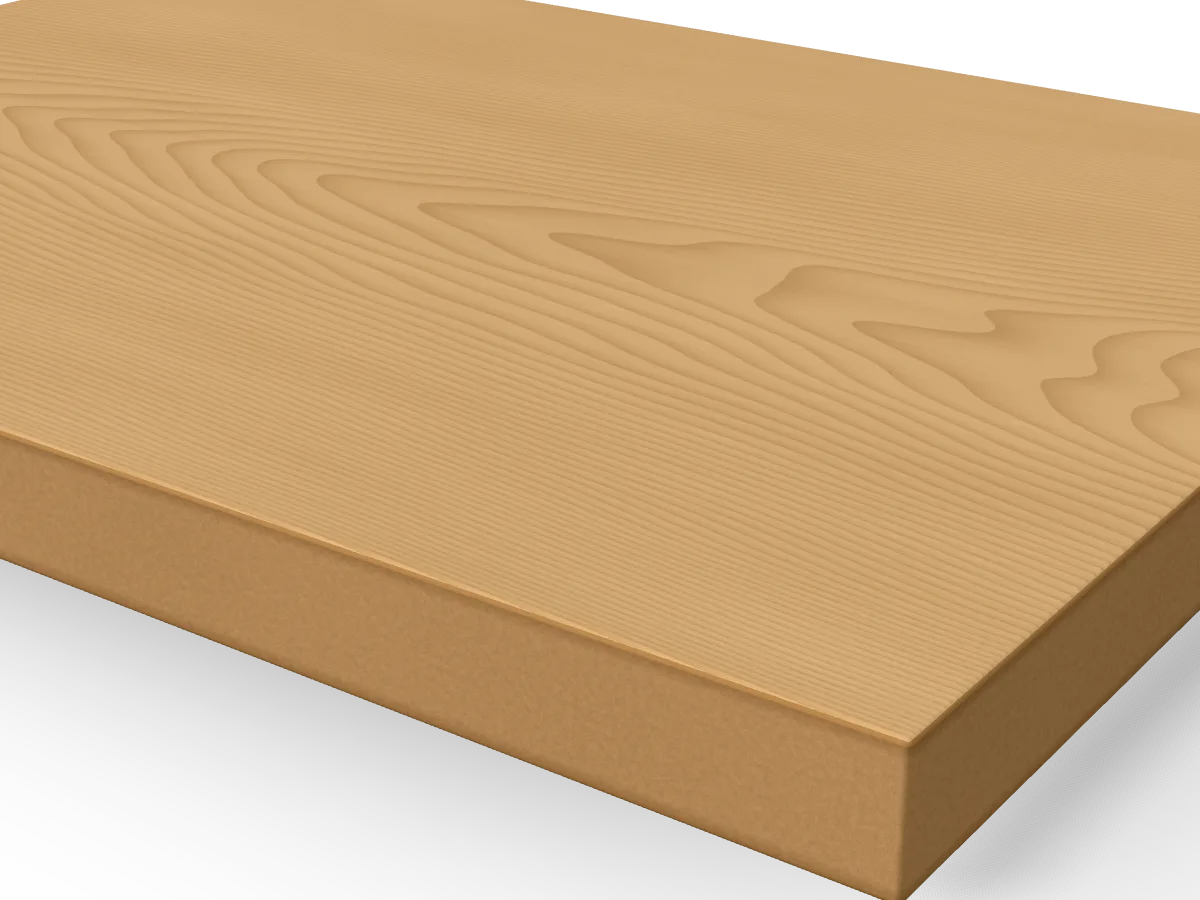 19mm Oak Veneered MDF 2 Sides Crown Cut A/B 2440 x 1220mm, pack of 24, close-up of the edge