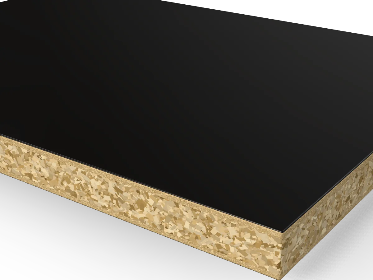 18mm Black Melamine Faced Chipboard 2800 x 2070mm, close-up of the edge