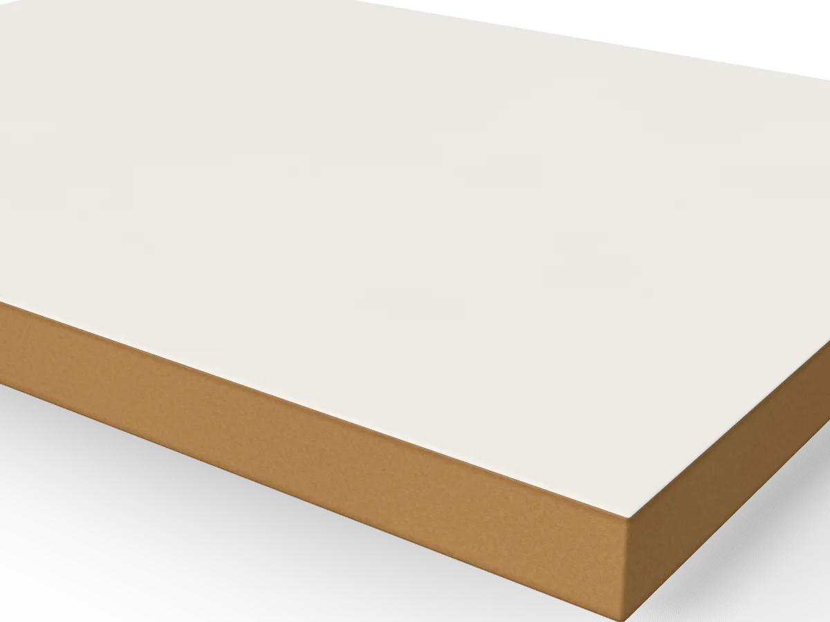 18mm White Melamine Faced MDF 2440 x 1220mm, close-up of the edge