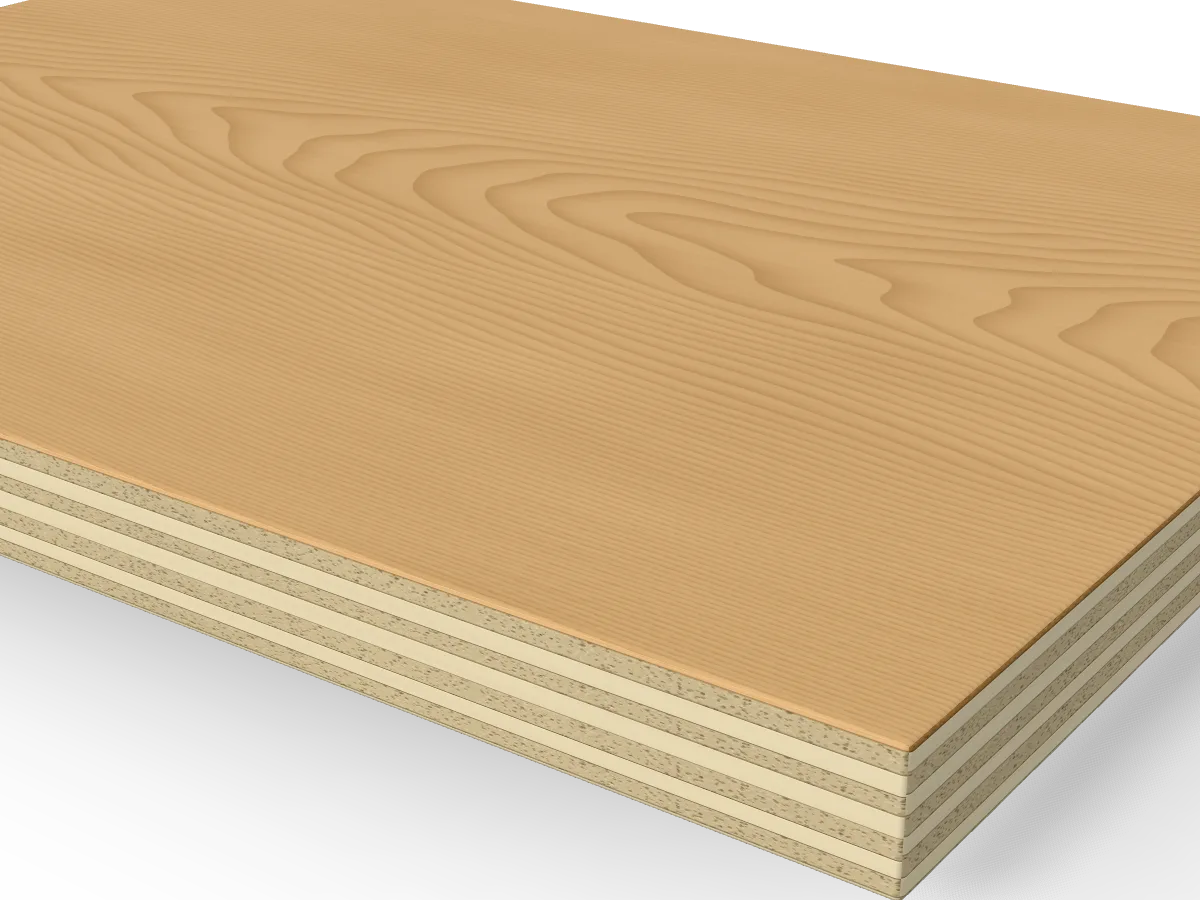 18mm Oak Veneered Plywood A/B Crown Cut 2440 x 1220mm, close-up of the edge