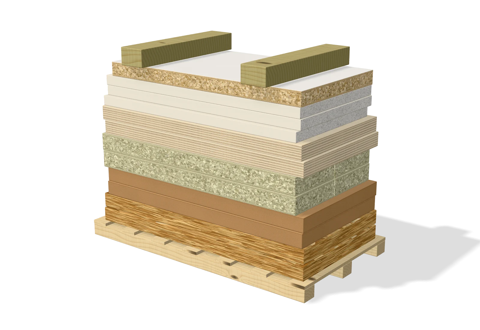 A mixed load of OSB, MDF, chipboard flooring, plywood and plasterboard stacked on a pallet